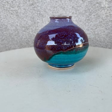 Vintage bohemian mini pottery stoneware weed pot blue purple glaze signed 4” 