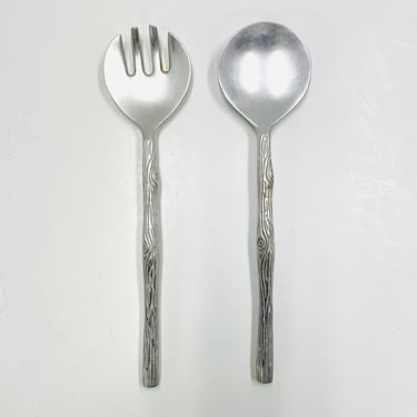 Vintage Pewter / Faux Wood Grain / Salad Utensils / Serving Tongs / Spoon / Fork / FREE SHIPPING 