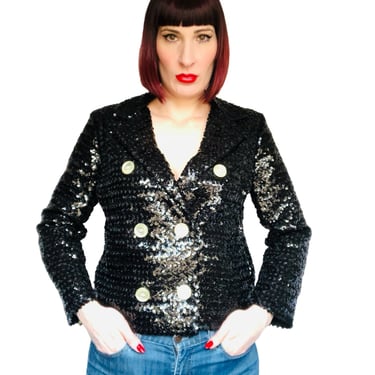 Vintage 1960's Black Fully Sequined Double Breasted Jacket w/ Large Convertible Notched Lapel Collar - size Medium Large 