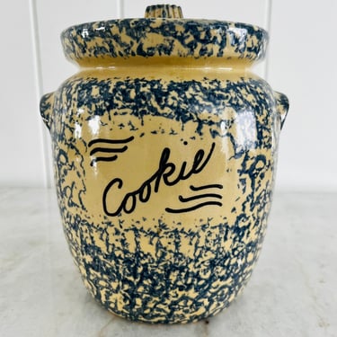 Vintage (1970s) Robinson Ransbottom Pottery Cookie Jar, ceramic blue spongeware RPP Roseville Ohio, for farmhouse, country, cottage, kitchen 