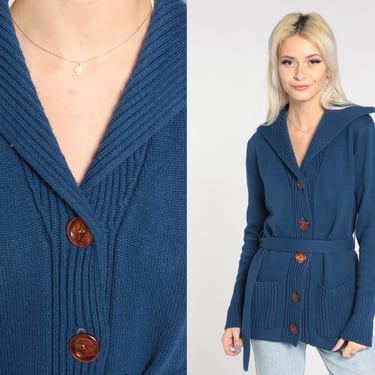 Blue Cardigan 70s Belted Button Up Knit Sweater Shawl Collar Basic Slouchy Cozy Retro Bohemian Plain Acrylic Knitwear Vintage 1970s Small S 