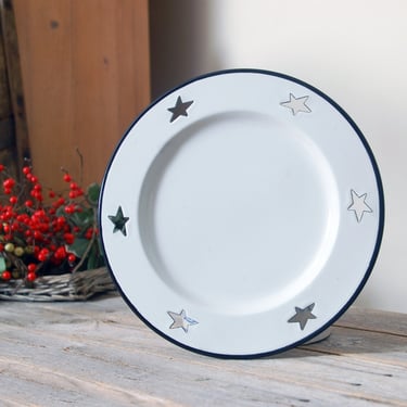 Vintage enamelware platter / white enamel plate with stars / enamelware serving dish / retro kitchenware / Holiday decor 
