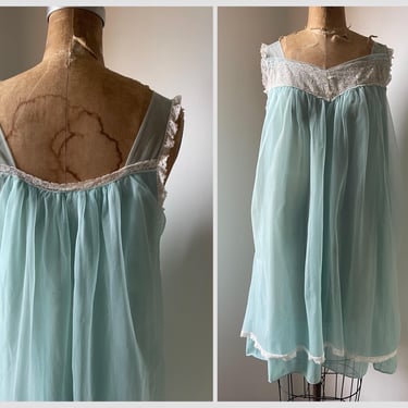 Vintage 1950’s ‘60s robins egg blue chiffon nightie | pastel aqua blue negligee, XS/S 