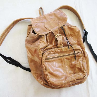 Vintage Large Brown Leather Backpack - 90s Light Brown Drawstring Overnight Bag - Leather Weekender - Rucksack - School Bag 