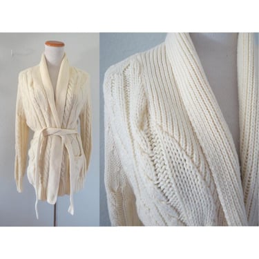 Vintage 70s Wrap Sweater Cream Color Knit Cardigan with Tie Boho Hippie Cozy Shawl Collar - Size Medium 