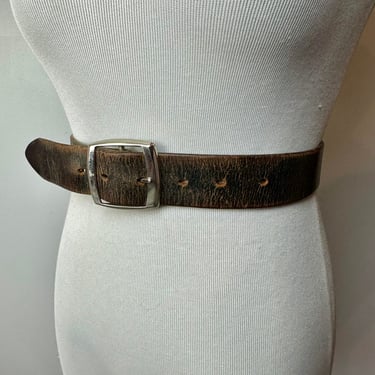 Distressed vintage black leather belt~ supple worn-in perfect everyday trouser or jeans belt~ rocker snaps on silver tone  buckle 
