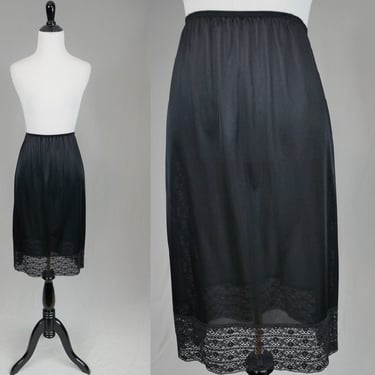 70s Black Half Slip - Wide Lace Hem and Lace Down Each Side - Nylon Skirt Slip - Movie Star - Vintage 1970s - Size Large 