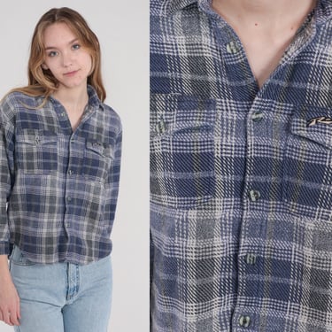 Blue Flannel Shirt 90s Plaid Button up Shirt Retro Grunge Lumberjack Long Sleeve Boyfriend Checkered Print Top Vintage 1990s Rusty Small S 