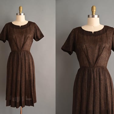 vintage 1950s Dress | Rich Chocolate Brown Short Sleeve Pleated Cotton Dress | Large 