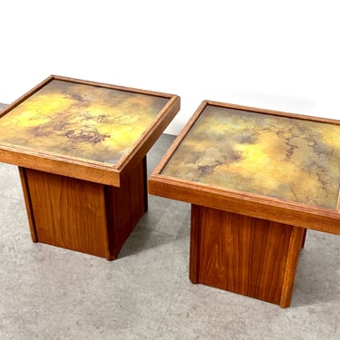 Vintage Pair John Keal Brown Saltman Walnut & Glass End Side Tables 1950s Mid Century Modern 