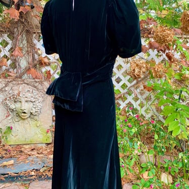 1930'S Black Silk Velvet - Wrap Around Gathered Sash with Stacked Bow - Puffy Sleeves - Flaring Tulip Skirt - Small - 27 Inch Waist 