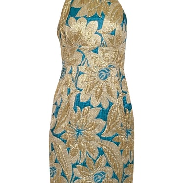 Trina Turk - Teal Green &amp; Gold Large Brocade Print Sleeveless Open Back Dress Sz 4