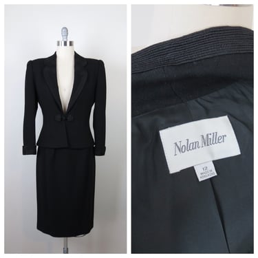 Vintage 1980s Nolan Miller skirt suit wool soutache Dynasty designer power suit 