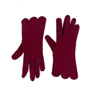 Vintage 1950s Wine Gloves, Mid-Century Maroon 4 Button Length Cotton Gloves with Scalloped Hem, Size 7 1/2 