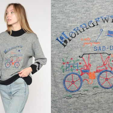 Embroidered Bike Sweater Y2K Bicycle Sweater A Lusty Young Man Knit Mock Neck Pullover Sweater Novelty Grey Vintage 00s Medium Large 