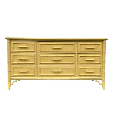 Faux Bamboo Dresser with 9 Drawers by Dixie Aloha - Vintage Yellow Fretwork Hollywood Regency Palm Beach Coastal Credenza Furniture 