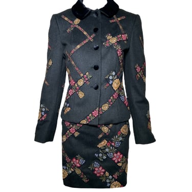 Moschino 1990s Cheap and Chic Wool Suit Ensemble w/Petit-Point Floral Trim, New/Old