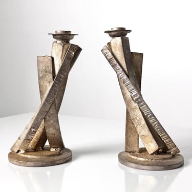 Vintage Pair of Brutalist Sculptural Welded Steel Architectural Candlesticks by Joseph Wesner 1990s 