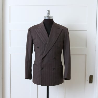 mens vintage 1940s blazer • striped mocha brown wool double breasted suit jacket 