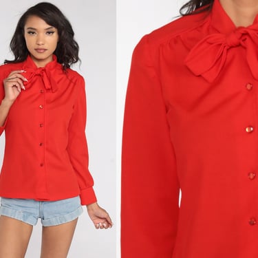 Ascot Shirt Secretary Blouse Red Long Sleeve Top 1970s Bow Neck Ascot Top Button Up Vintage 70s Long Sleeve Shirt Medium 
