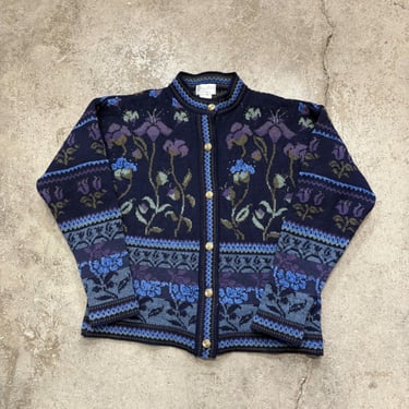 Vintage Chessy Lewis Floral Fair Isle Wool Blend Cardigan Sweater Women's Medium Made in England 