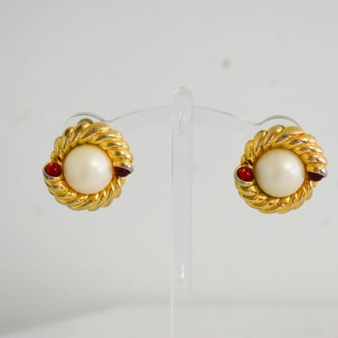 1970s/80s Faux Pearl and Red Stone Clip Earrings 