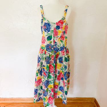 80s Rose Print Overall Dress | Medium/Large 