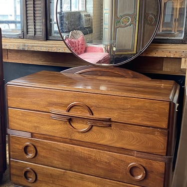 Low MCM Dresser w Detailed Handles and Round Mirror