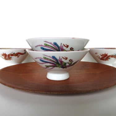 4 Nakazato Phoenix And Dragon Rice Bowls From Japan, Vintage Pedestal Porcelain Dragonware Dishes, 2 Sets Available 
