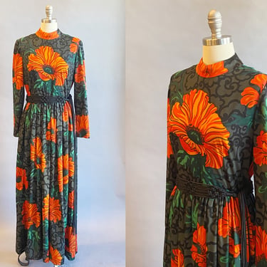 1960s Poppy Dress / 1960s Saks Fifth Avenue Dress / 1960s Floral Maxi Dress / Size Medium 