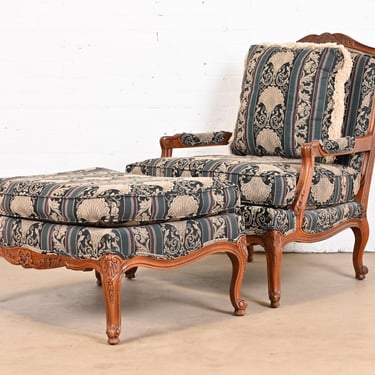 Thomasville French Provincial Louis XV Carved Walnut Upholstered Fauteuil and Ottoman