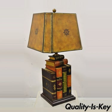 Maitland Smith Tooled Leather Stacked Book Table Lamp with Shade