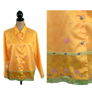 Sheer Overlay Chiffon Embroidered Blouse Large - Marigold Yellow Long Sleeve Satin Shirt - Women Bead Embellished Loose Button Up Collared 