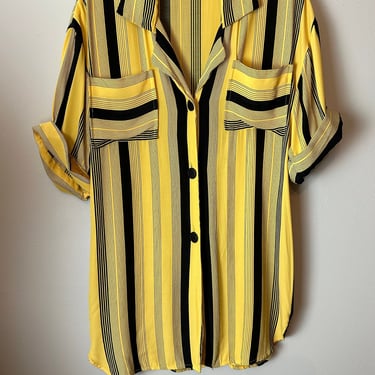 90’s long oversized Rayon tunic blouse~ vintage PJ’s style mustard yellow black stripes~ cuffed long shirt ~ Medium/ petite? 