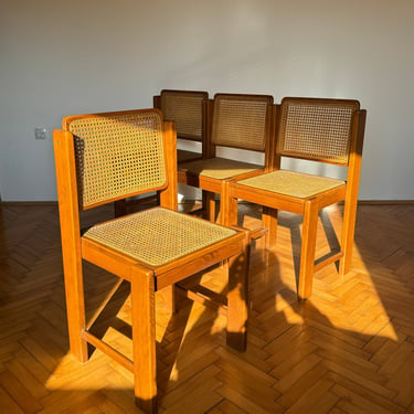 SET of 4 Vintage Brown Wooden Dining Wicker Chairs / Mid Century Dining Room Mesh Chairs / Wicker Seat and Backrest / Italian Design / 1960s 