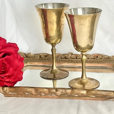 Vintage Brass Wine Glasses, Pair 2, Mid Century Barware Drinkware Glasses, Vintage 60s 70s 