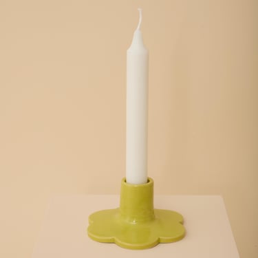 Chartreuse handmade ceramic candle holder with scalloped edge 