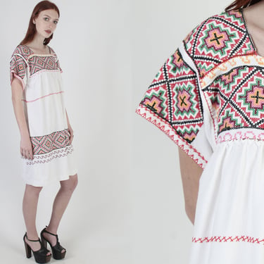 70s Ethnic Mexican Dress Woven Embroidered Caftan CoverUp Ivory Cotton Mini Dress 