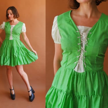 Vintage 70s Lace Up Green White Mini Dress/ 1970s Swiss Dot Tiered Dress/ Size Small medium 