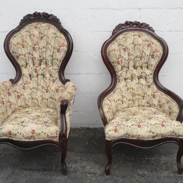 1800s Victorian Carved His and Hers Side Chairs a Pair 3938