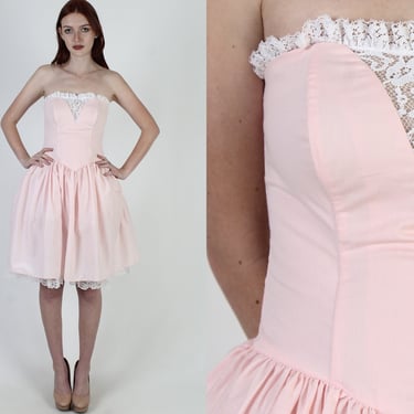 80s Gunne Sax Strapless Cupcake Dress, Pink Floral Lace Sweetheart Dress, Sexy Party Gown Micro Mini Dress 