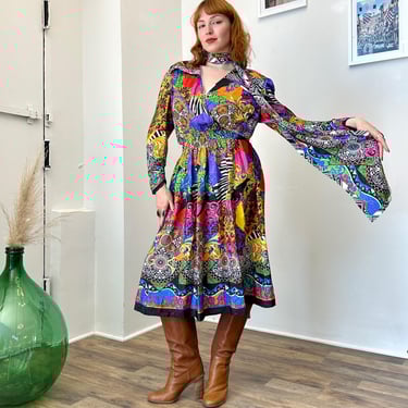 Vintage 1980s Dress / 80s Diane Freis Multicolor Abstract Print Dress / Black White Orange ( S M ) 