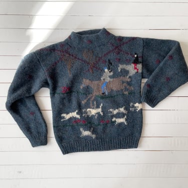 cute cottagecore sweater | 80s 90s vintage Eagle's Eye horse rider equestrian hunting dog teal intarsia mockneck sweater 