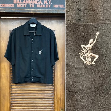 Vintage 1950’s “Iolani” Black Background Nub Rayon Tiki Shirt-Jac Rockabilly Hawaiian Shirt, 50’s Button Down Shirt, Vintage Clothing 