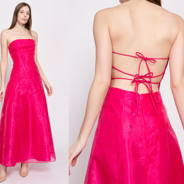 90s Hot Pink Backless Gown - Small | Vintage Sleeveless Strappy Low Back Sequin Formal Maxi Prom Dress 
