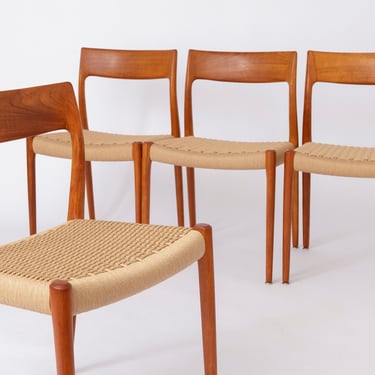 4 Niels Moller chairs, model 77, 1950s, papercord seat, dining chairs, midcentury, set of 4, teak 