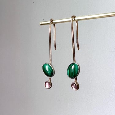 Malachite and Amethyst Abstract Sculptural Hook Earrings 