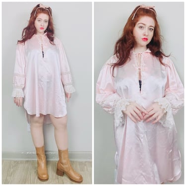 1980s Vintage Pastel Pink Silky Nightgown / 80s / Eighties Lace Puffed Poet Sleeve Mini Dress / Size Large 