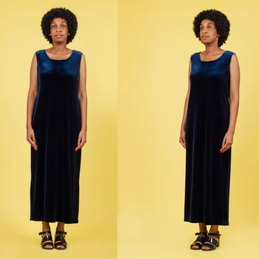 Vintage 90's Blue Velvet Sleeveless Maxi Dress 
