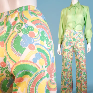 Vintage novelty print pants 1960s 70s spring summer pastels abstract whimsical happy doodle melon colors mod mama (S) 